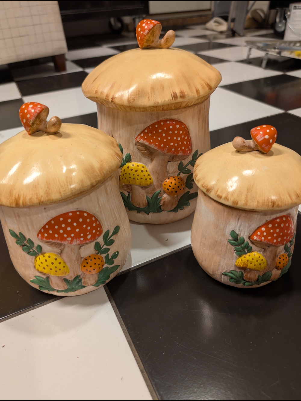 Hand-Painted Mushroom Ceramic Canister Set - 70s groovy retro 6 PC Vintage